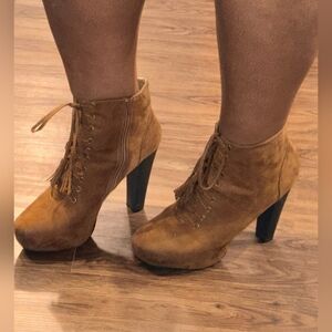 Suede Lace-Up Ankle Booties in Tan